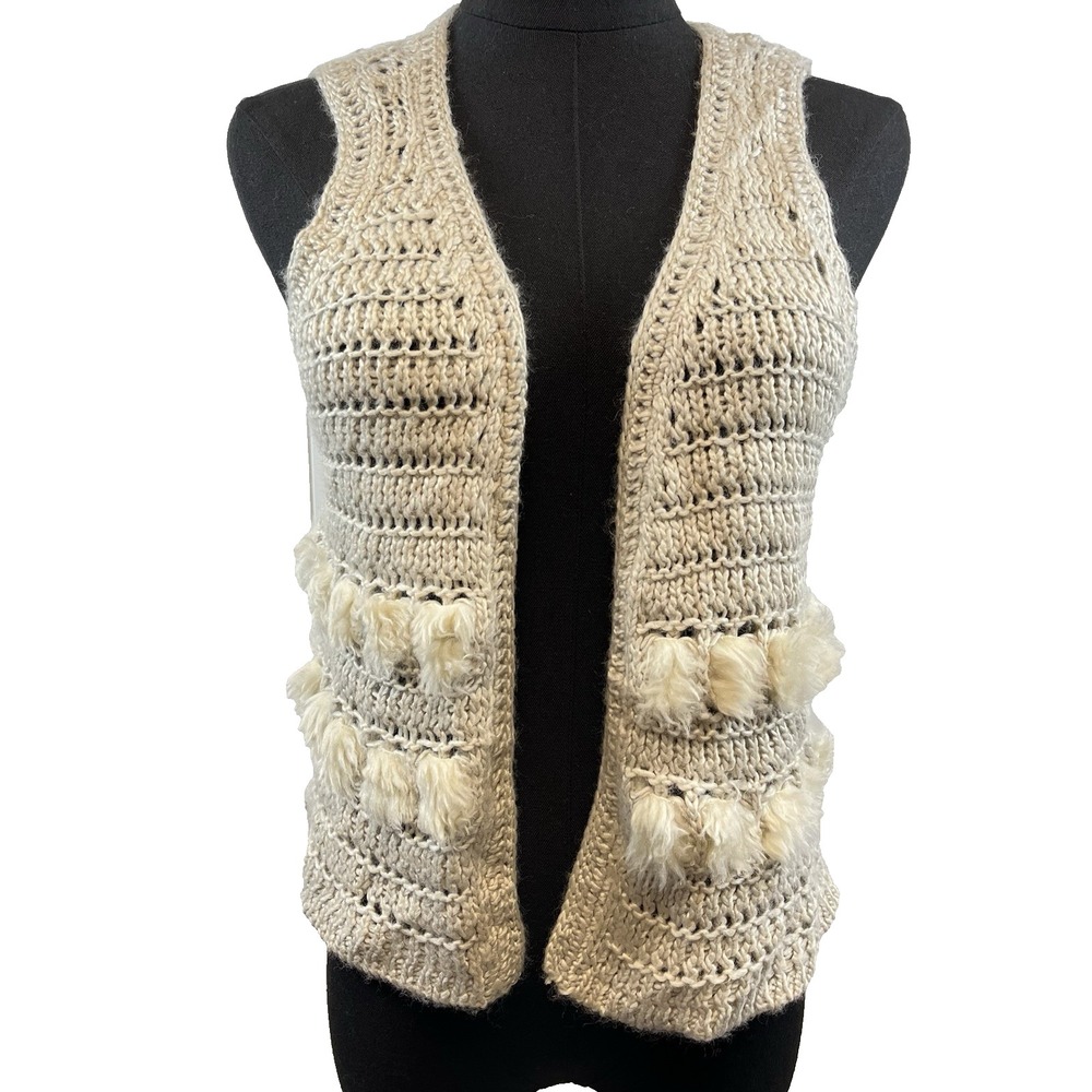 Boho Crochet Womens Vest Size Small Hippie Festival Fringe Embellished Faux Fur‎